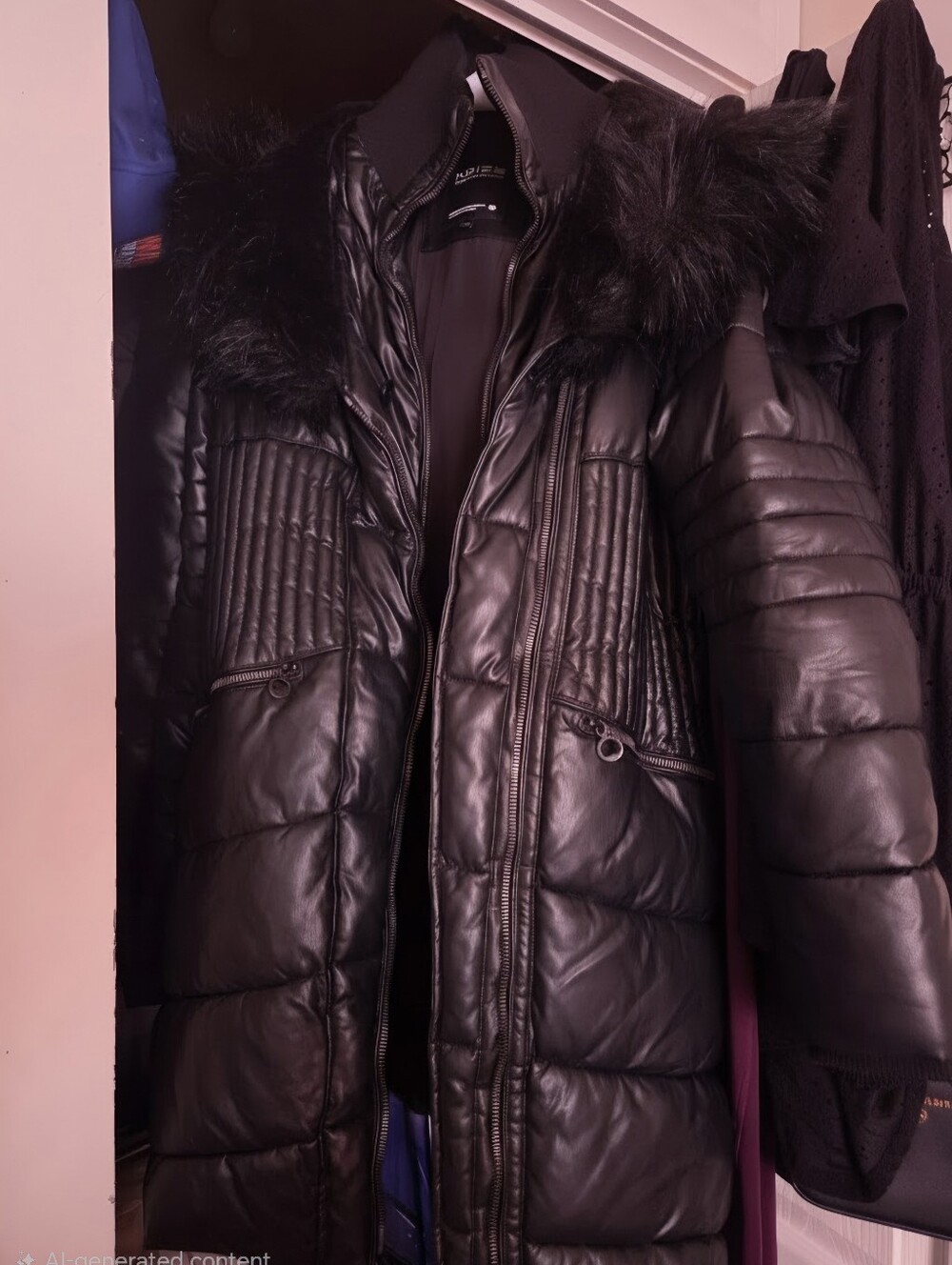 Black Quilted Faux-Fur Trim Women's Winter Coat Size L NOIZE